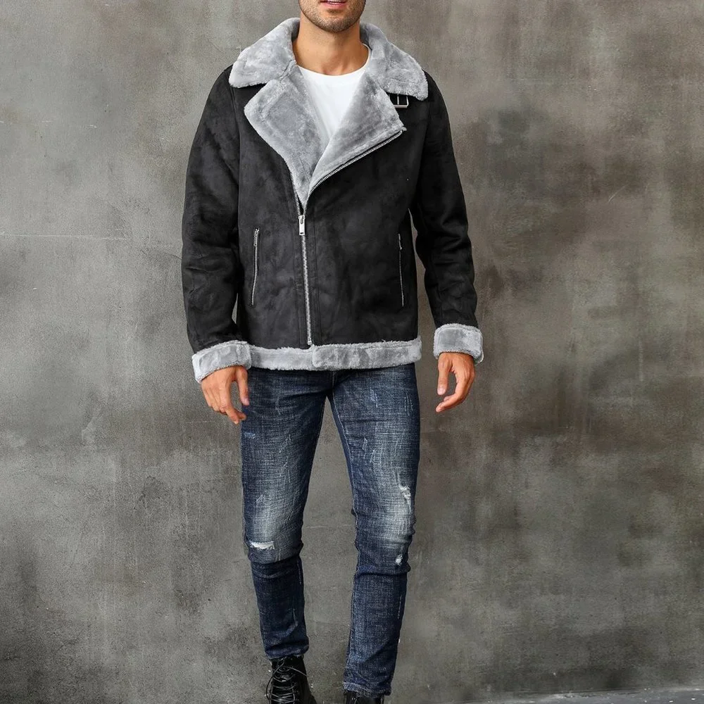 Black Casual Mens Zip Up Lapel Neck Teddy Lined Coat - Picture 8 of 8